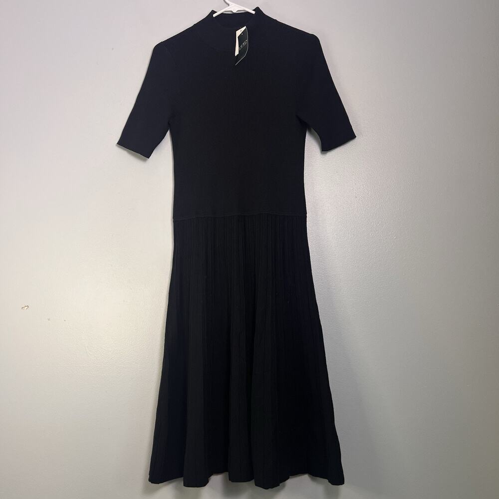 NWT LRL Short Sleeve Black Sweater Dress Mock Neck Midi Sz M Office Preppy A Lin